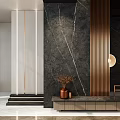 Modern Foyer Hallway With Dark Marble Wall Bronze Slats And Decor