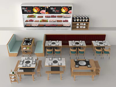 Wooden Dining Tables With Built In Grills Booth Seating And Meat Display Case 3d model