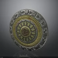 Ornate Round Metal Shield With Sun Pattern Gold Silver Decor And Rivets