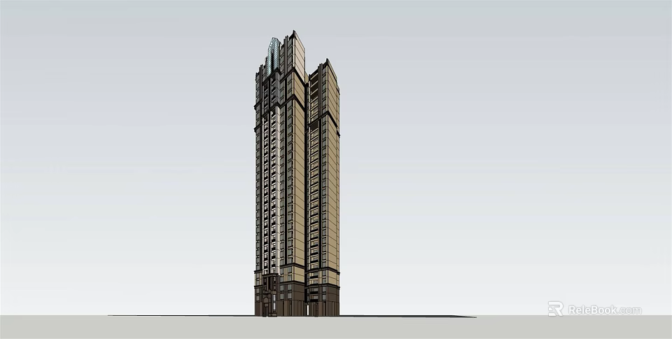 Modern Twin Tower High Rise Building With Glass Facade And Stone Exterior Design 3d model 