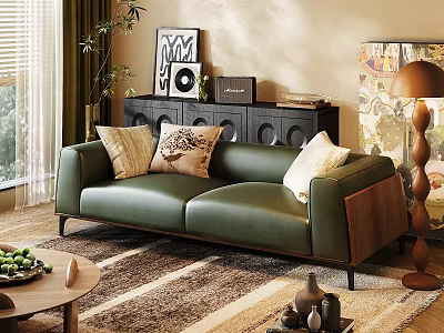 Green Leather Multi Seater Sofa With Pillows Wooden Armrests Rug And Coffee Table 3d model