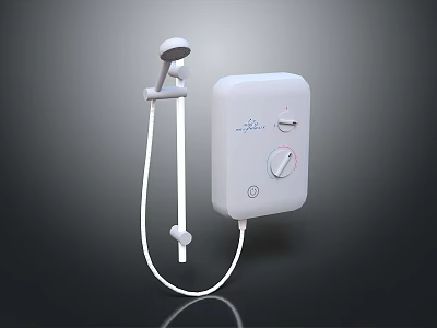 Compact White Electric Water Heater with Showerhead Control Knob and Hose 3d model