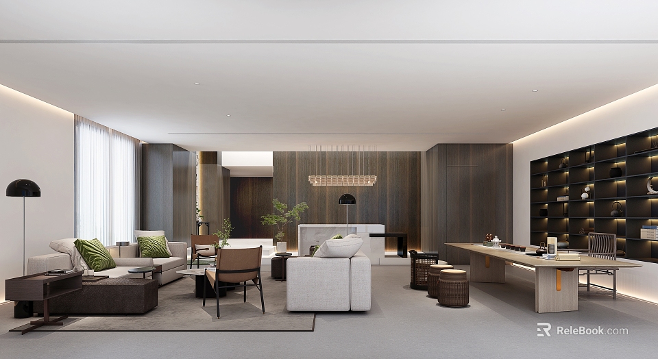 Modern Lounge Area Interior Design With Sofa Chairs Coffee Tables Plants And Wooden Walls 3d model 