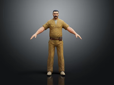 3D Male Character Model In Brown Work Uniform With Belt Standing On Dark Background 3d model