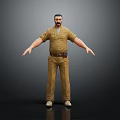 3D Male Character Model In Brown Work Uniform With Belt Standing On Dark Background