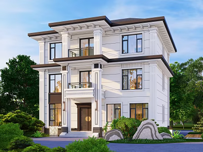Two Story Detached Villa with White Exterior Dark Roof Porch and Lush Green Surroundings 3d model