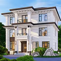 Two Story Detached Villa with White Exterior Dark Roof Porch and Lush Green Surroundings
