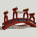 Chinese Style Stage With Red Decorative Bridge And Hanging Lanterns