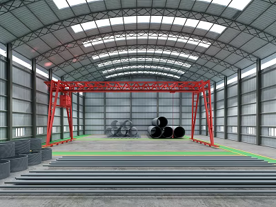 Steel Structure Workshop Interior With Red Gantry Crane Black Coils And Metal Materials 3d model