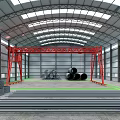 Steel Structure Workshop Interior With Red Gantry Crane Black Coils And Metal Materials