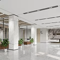 Modern Office Reception Area With Marble Desk Plants Glass Walls And Natural Light