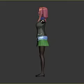 Game Movie Character With Pink Hair Blue Shirt Black Jacket Green Yellow Skirt Arms Outstretched