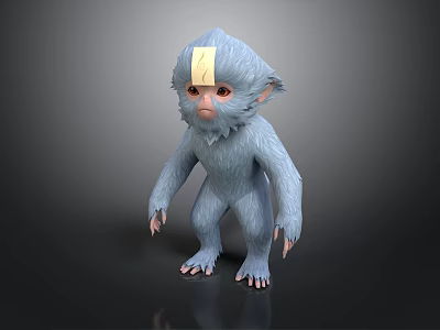Light Blue 3D Monkey Character With Yellow Head Tag And Red Eyes 3d model