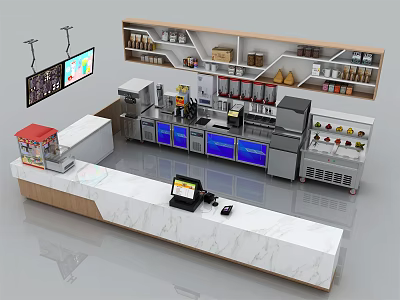 Modern Reception Counter With White Marble Top Blue Cabinets Upper Shelves And Product Displays 3d model