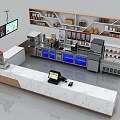 Modern Reception Counter With White Marble Top Blue Cabinets Upper Shelves And Product Displays