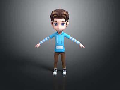 3D Cartoon Boy Character Wearing Blue Hoodie Brown Pants And White Shoes With Arms Outstretched 3d model