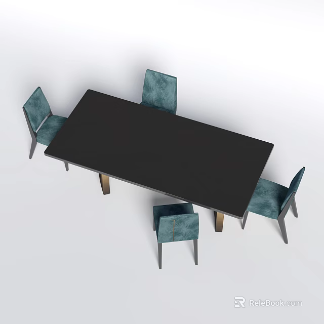Modern Dining Table Set with Black Rectangular Tabletop and Four Blue Upholstered Chairs 3d model
