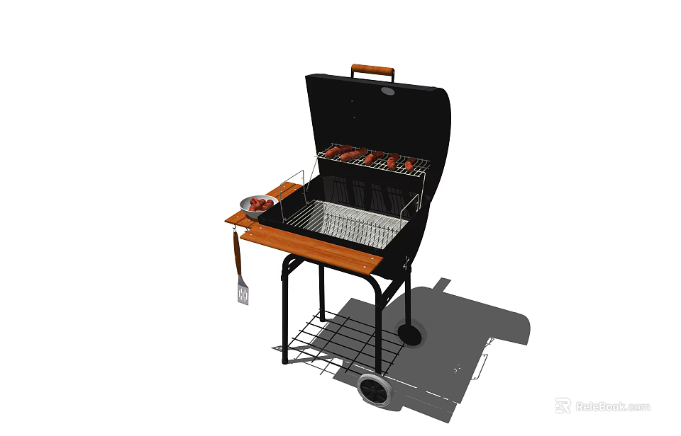 Outdoor Portable Grill With Wooden Tabletop And Sausages On Cooking Rack 3d model 