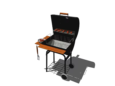 Outdoor Portable Grill With Wooden Tabletop And Sausages On Cooking Rack 3d model