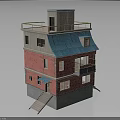Red Brick Multi Story Building With Blue Roof Wooden Rooftop And Staircase