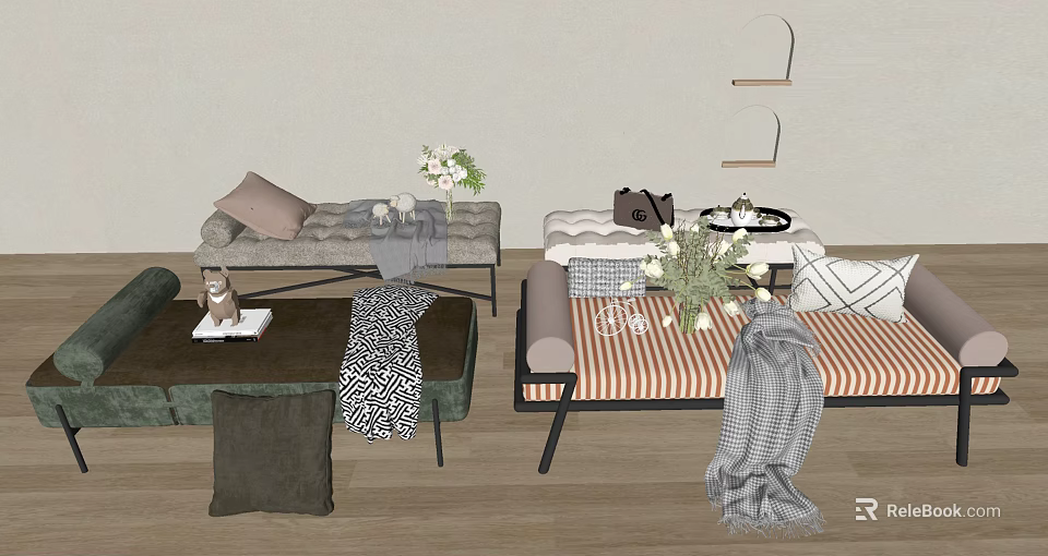 Stylish Footstools In Living Room With Decorative Pillows Blankets And Flowers 3d model 