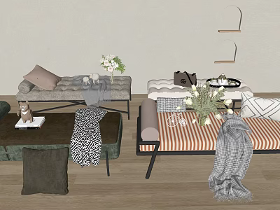 Stylish Footstools In Living Room With Decorative Pillows Blankets And Flowers 3d model