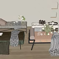 Stylish Footstools In Living Room With Decorative Pillows Blankets And Flowers