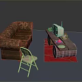 Brown Sectional Sofa Featuring Vintage TV On Side Table With Red Rug And Folding Chair
