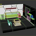 Cartoon Room Interior With Hexagonal Wall Pattern Green Bed Table And Furniture