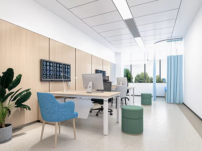 Modern Open Office Interior Design With Wooden Walls Blue Chairs And Green Plants 3d model