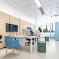 Modern Open Office Interior Design With Wooden Walls Blue Chairs And Green Plants