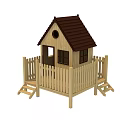 Wooden Playhouse Structure For Children's Playground With Fenced Area And Steps
