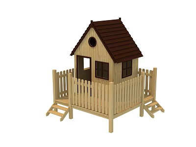Wooden Playhouse Structure For Children's Playground With Fenced Area And Steps 3d model