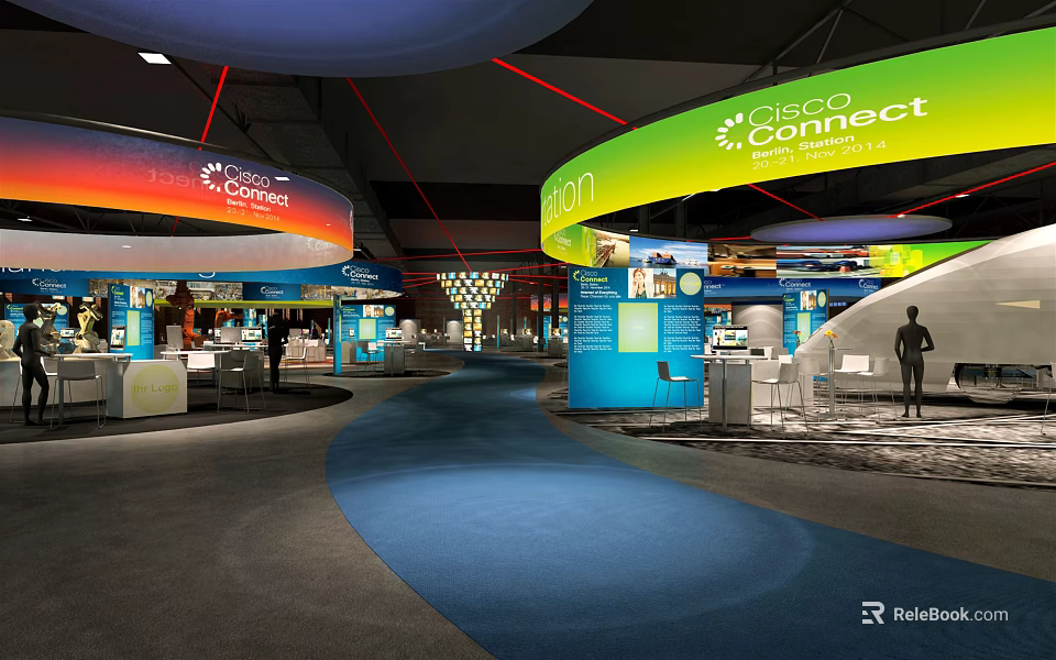 Cisco Connect Exhibition Hall With Curved Booths Blue Carpet And Display Counters 3d model 