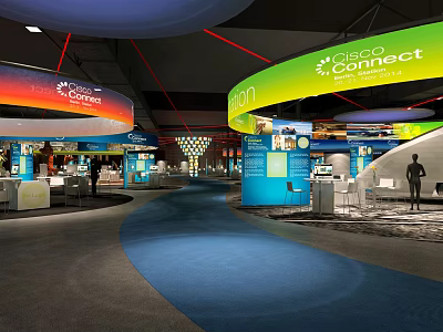 Cisco Connect Exhibition Hall With Curved Booths Blue Carpet And Display Counters 3d model