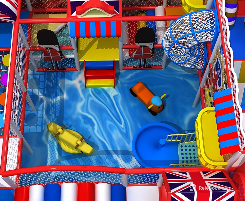 Colorful Indoor Playground Equipment with Blue Ball Pit Yellow Orange Boats Slide and Net Structure 3d model 