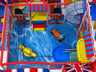 Colorful Indoor Playground Equipment with Blue Ball Pit Yellow Orange Boats Slide and Net Structure 3d model