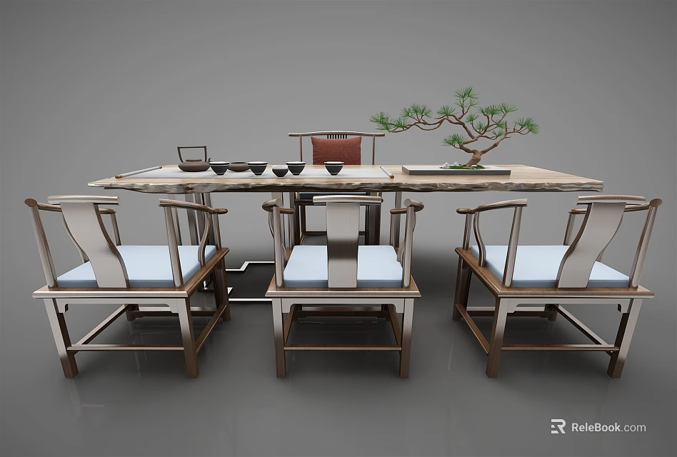 Traditional Chinese Style Wooden Tea Table and Chairs with Bonsai Tree and Tea Sets 3d model 