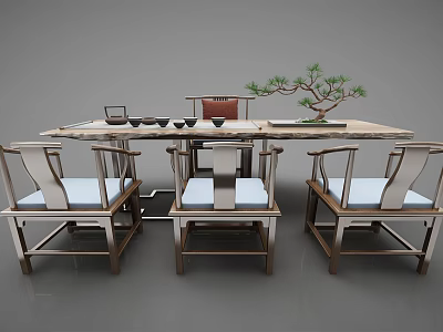 Traditional Chinese Style Wooden Tea Table and Chairs with Bonsai Tree and Tea Sets 3d model