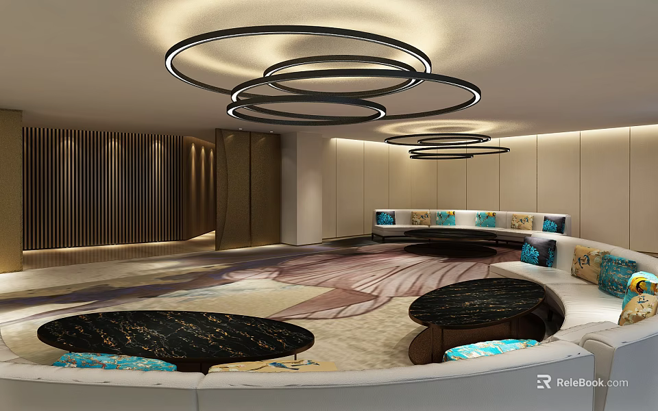 Modern Lounge Area Interior With Circular Lighting Fixtures Sofa Coffee Tables And Decorative Rug 3d model 