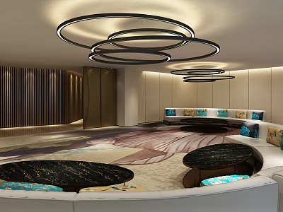 Modern Lounge Area Interior With Circular Lighting Fixtures Sofa Coffee Tables And Decorative Rug 3d model