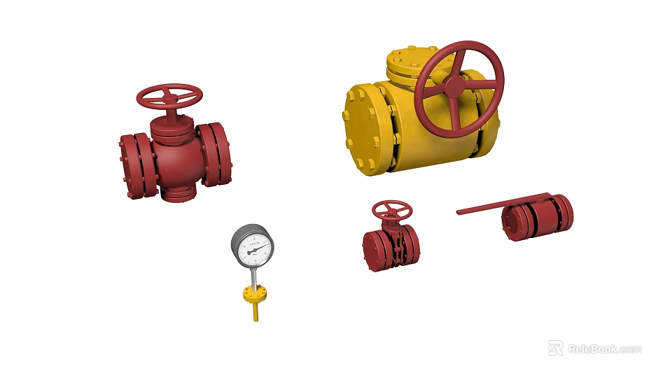 Various Types of Industrial Equipment with Red Yellow Valves and Pressure Gauge 3d model 