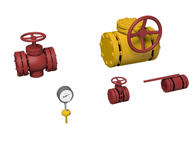 Various Types of Industrial Equipment with Red Yellow Valves and Pressure Gauge 3d model