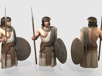Men in Ancient Traditional Clothing Holding Spears and Shields Displayed from Different Angles 3d model