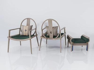 Modern Armchair Set With Wooden Frame Green Cushion Pillows And Ottoman 3d model
