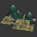 3D Model Village Scene With Green Mountains And Colorful Traditional Buildings