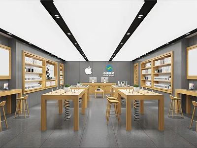 Modern Digital Store Interior With Wooden Shelves Display Tables And Apple Logo 3d model