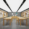 Modern Digital Store Interior With Wooden Shelves Display Tables And Apple Logo