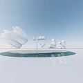 White Abstract Sculptures On Circular Reflective Platform With Blue Sky Background 3d model