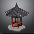 Traditional Chinese Pavilion With Black Tiled Roof Red Carved Columns And White Hexagonal Base